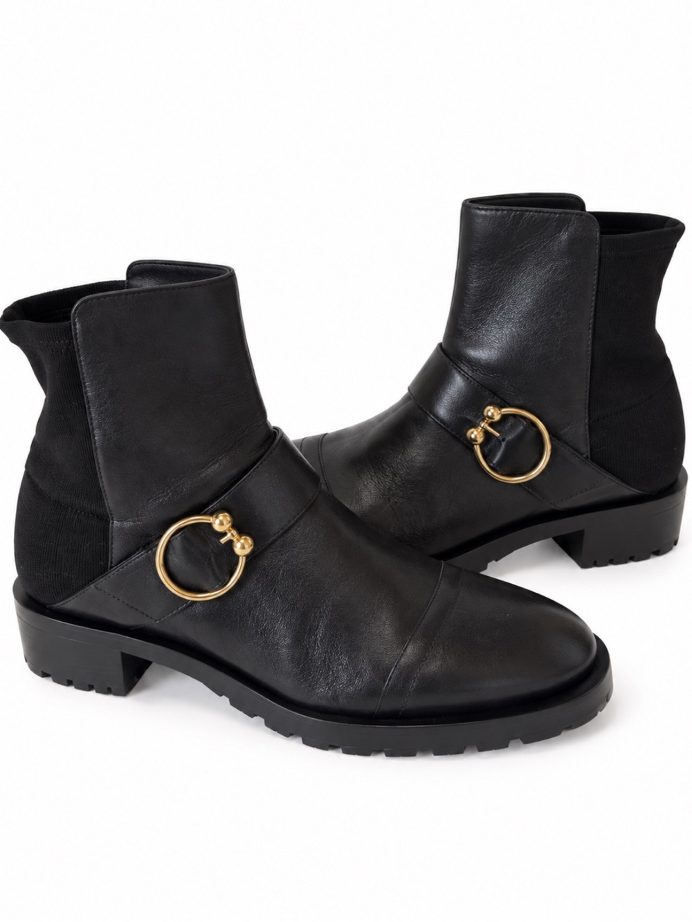 Stuart Weitzman Black Leather Ankle Boots with Gold Buckle
